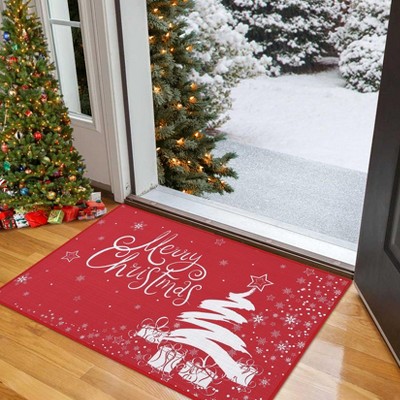 Christmas Doormat Holiday Decorative Mat, Non Slip Welcome Mat with Christmas Tree Snow Gift Pattern for Indoor Outdoor Entry