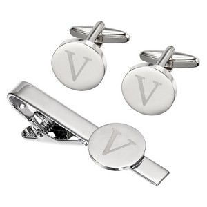 Unique Bargains Copper Engraved Initial Men Cufflinks and Tie Clip Bar Set Silver - 1 of 4