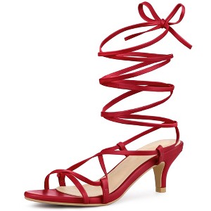 Allegra K Women's Faux Leather Open Toe Strappy Lace Up Kitten Heels Sandals - 1 of 4