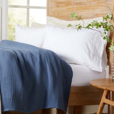 Blue Cotton Muslin Sherpa Reversible Throw Blanket