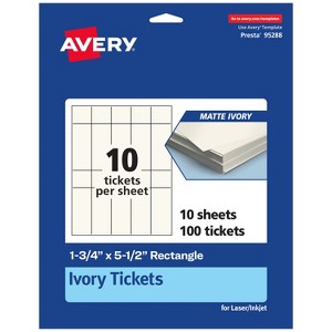 Avery Printable Rectangle Tickets, 1-3/4" x 5-1/2", Matte Ivory Cardstock, Laser/Inkjet, 100 Total - 1 of 4