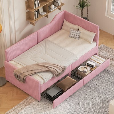Twin Size Upholstered L-Shaped Daybed with Corduroy Frame, Semi-Enclosed Design and 2 Large Storage Drawers-Maison Boucle
