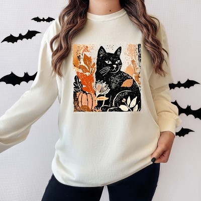 Simply Sage Market Black Cat Fall Leaves Distressed Garment Dyed Long Sleeve