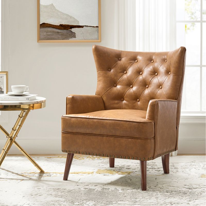 Thessaly  Tufted  Wooden Upholstery  Vegan Leather Armchair  with Nailhead Trim | ARTFUL LIVING DESIGN, 1 of 10