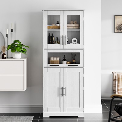 67" H  Tall  Slim Pantry Cabinet with Glass Doors and Adjustable Shelf, Freestanding Slim Cupboard