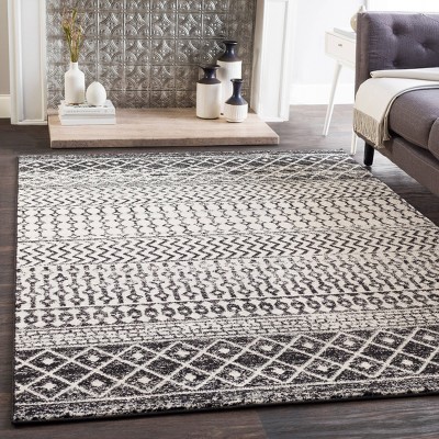 Elaziz Black and White Moroccan Geometric Area Rug, 6'7" x 9'