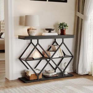 Industrial 3-Tier Accent Console Table with Storage and Open Shelves, Diamond-Shaped Metal Frame, Foyer Table Sofa Table for Entryway, Hallway - 1 of 4
