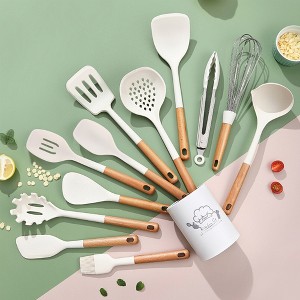 SUGIFT 13pc Silicone Kitchen Utensils Set with Wooden Handles with Storage Busket - 1 of 4