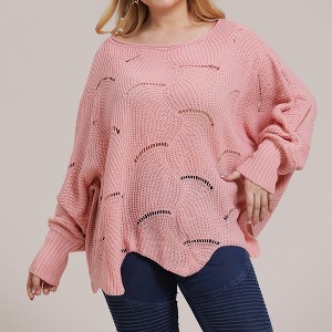 Plus Size Sweater for Women Pointelle Knit Pullover Sweater Long Sleeve Off Shoulder Sweater Round Neck Loose Fit Oversized Tops for Winter - 1 of 4