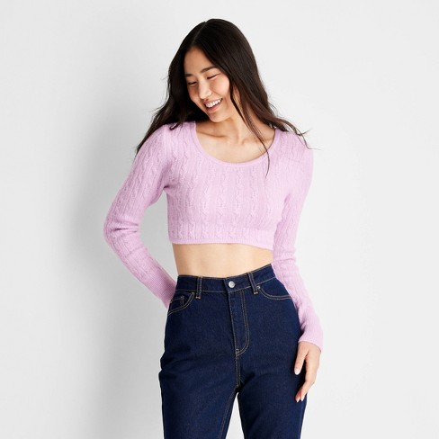 Two Cute Lavender Ribbed Knit Crop Top and Cardigan Sweater Set