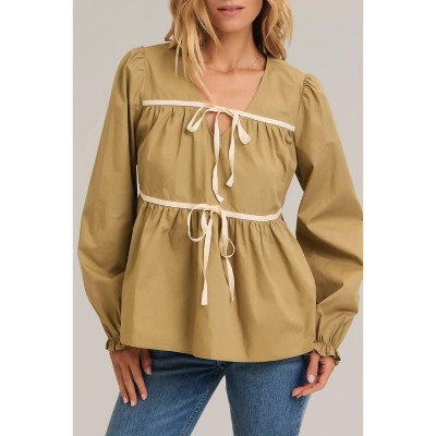 Women's tie front top with balloon sleeves - In February