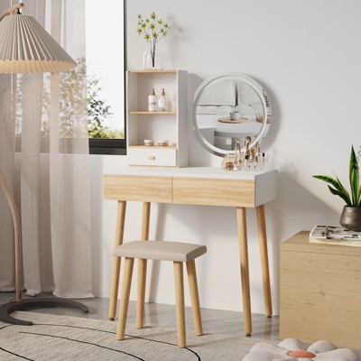 ELECWISH 31.5" Wood Vanity Desk Set with LED Mirror & Stool - Adjustable 3-Tone Lighting, 2 Drawers, Storage Shelf, Soft-Padded Seat