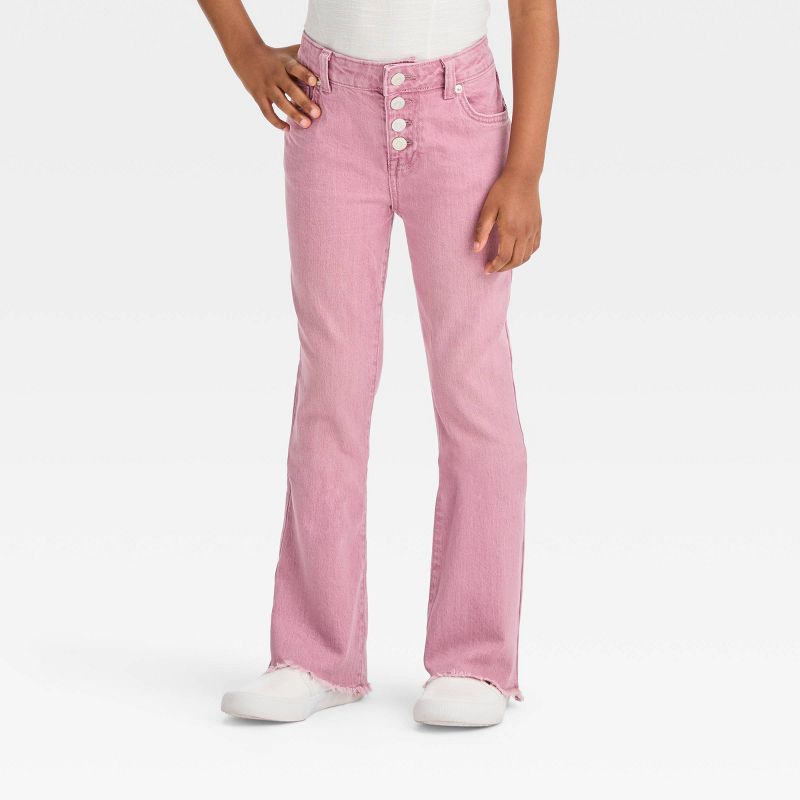 Girls' Mid-Rise Button Fly Flare Jeans - Cat & Jack™ Pink, 1 of 5