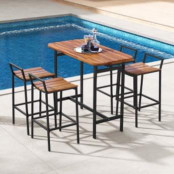 Costway 5 PCS Acacia Wood Bar Table Set Outdoor Bar Height Table & Chairs with Metal Frame