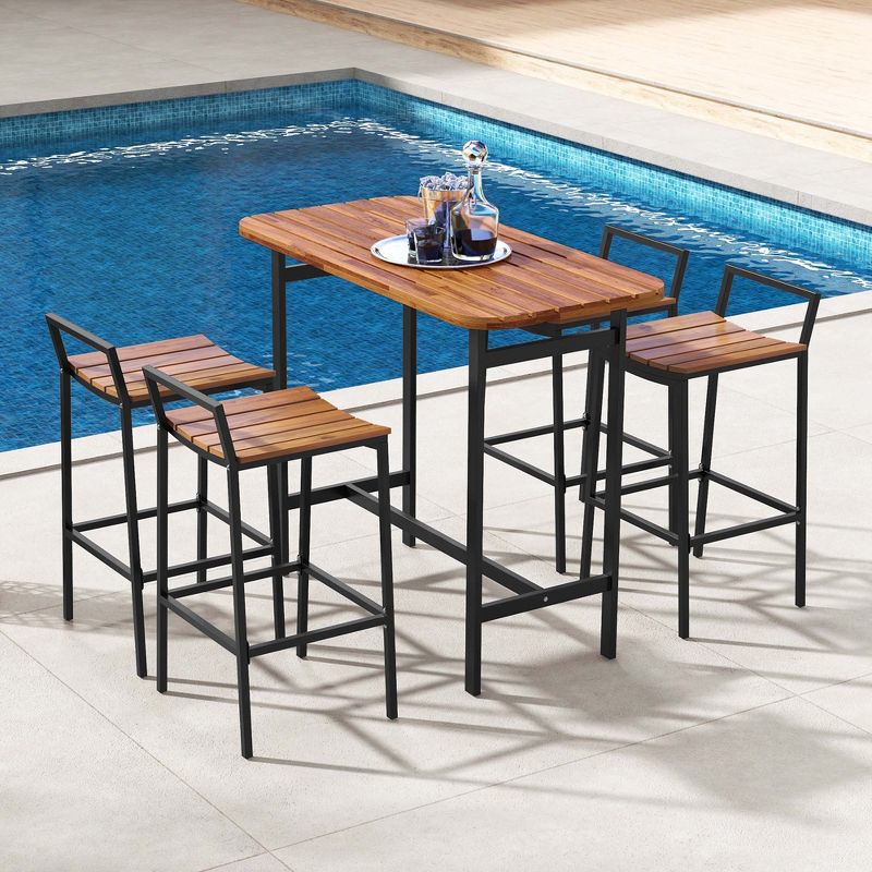 Costway 5 PCS Acacia Wood Bar Table Set Outdoor Bar Height Table & Chairs with Metal Frame, 1 of 11