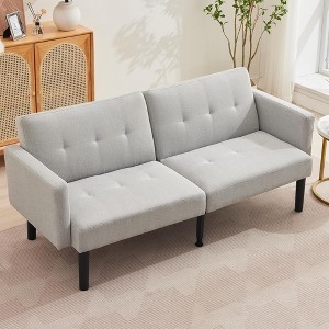 75.5” Convertible Futon Sofa Bed, Linen Flannel Small Couch Sofa with Wood Legs & 700lbs Capacity, Adjustable Folding Loveseat, Mid Century Modern - 1 of 4