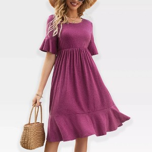 Womens Dress Ruffled Sleeve High Waist A Line Dress Round Neck Fit and Flare Dress Flowy Dress with Flounce Hem - 1 of 4