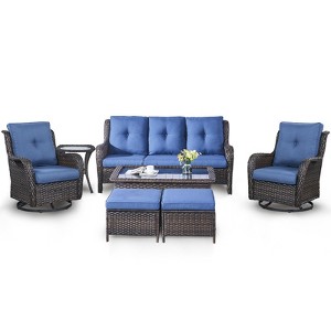 7 Piece Patio Furniture Set with Swivel Chairs, Rattan Wicker Outdoor Conversation Set with Patio Couch Swivel Chair Coffee Table End Table Ottoman - 1 of 4