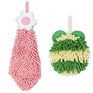REGALWOVEN Soft Absorbent Cute Fuzzy Hanging Decorative Bathroom Chenille Hand Towel 6" x 15"/7" x 7" 2 Packs - 1 of 4