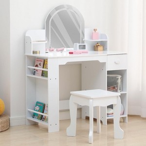 Kids Vanity with Lighted Mirror & Stool, Little Girls Vanity with Adjustable LED Light, Storage Drawer & Shelves for Girls 3-9 - 1 of 4