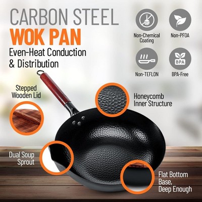 Kenmore Hammond 14 Inch Flat Bottom Carbon Steel Wok In Black With Wooden  Handles : Target