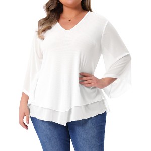 Agnes Orinda Women's Plus Size V Neck 3/4 Sleeve Double Layers Ruffle Chiffon Dressy Casual Blouses - 1 of 4