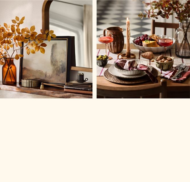 Left: Styled mantel with wall art, mirror and faux stems
Right: Fall tablescape with cohesive color story