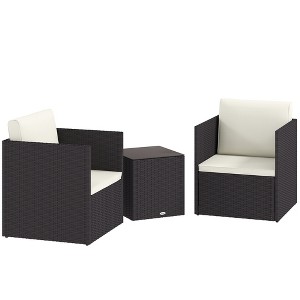 Folding Wicker Bistro Set, 3 Piece Patio Furniture Set with Cushions and Glass Coffee Table for Porch, Balcony - 1 of 4