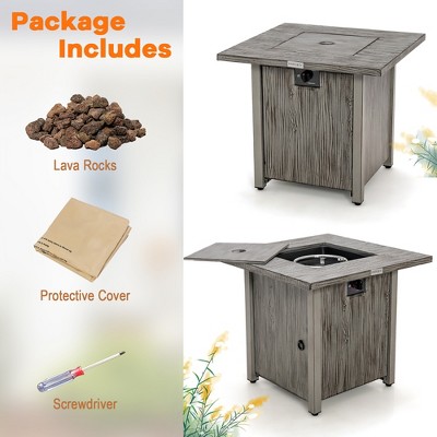Gray 28'' Square Gas Fire Pit Table with Lid and Lava Rocks