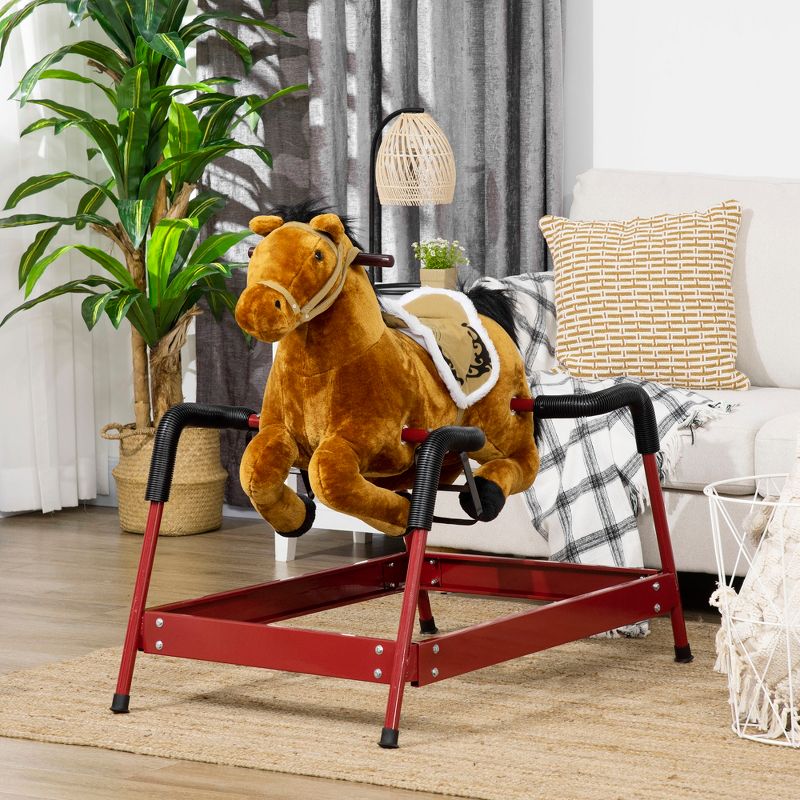 Qaba Kids Spring Rocking Horse, Ride on Horse for Girls and Boys with Animal Sounds, Plush Horse Ride-on with Soft Feel, Light Brown, 3 of 8