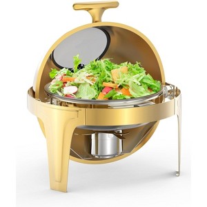 Roll Top Chafing Dish Set, 6Qt Round Stainless Steel Chafing Dish for Buffet with Glass Window Full Size Food Pan for Catering Parties Banquets, Gold - 1 of 4