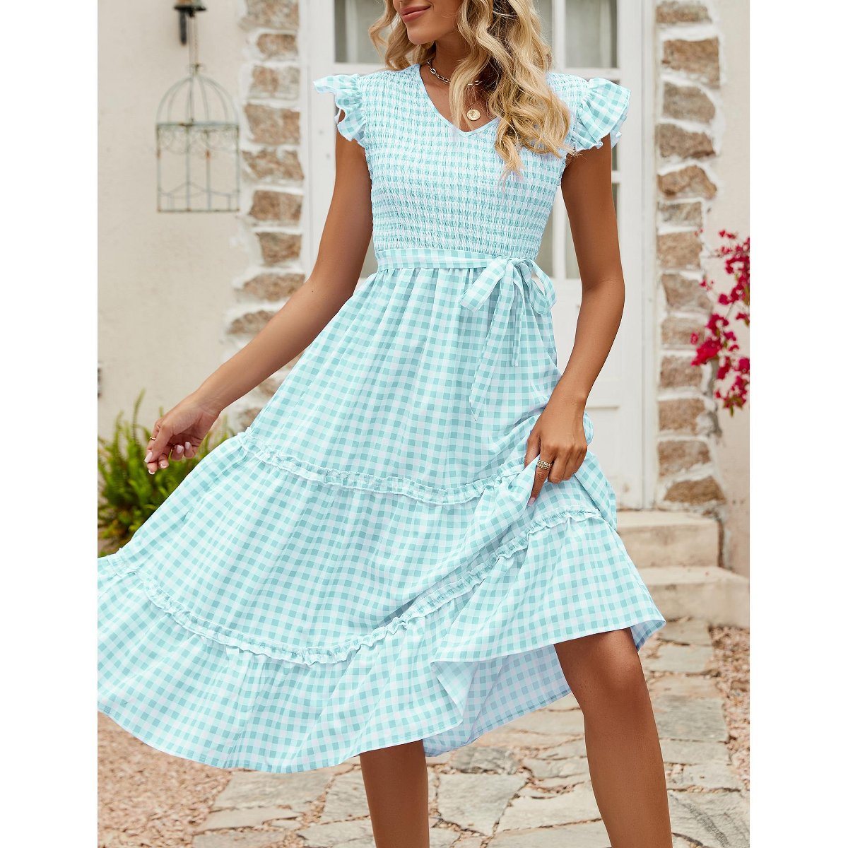 Женские платья YesFashion Women Smocked Dress Flutter Short Sleeve Ruffle Midi Dress Defang Green Grid,M — фото 2