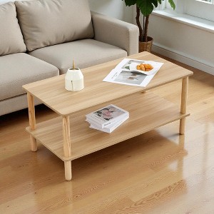 Mshliw Modern 2-Tier Coffee Table with Open Storage Shelf, Rectangular Center Table with Rounded Rubberwood Legs, Wood Finish - 1 of 4