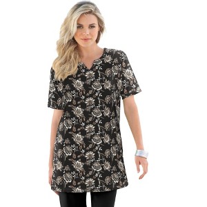 Roaman's Women's Plus Size Print Notch Neck Soft Knit Tunic - 1 of 4