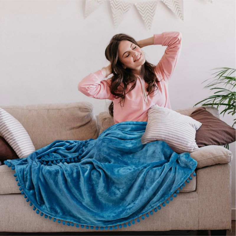 PAVILIA Fleece Pom Pom Blanket Throw for Sofa Bed, Soft Lightweight Pompom Fringe Blanket for Couch, 3 of 7