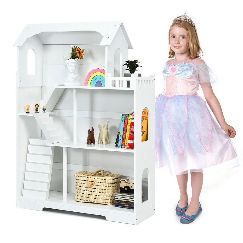 Costway 3-Tier Wooden Dollhouse Bookcase Children's Bookshelf in Kid's Room Gift for 3+ White/Grey, 1 of 10