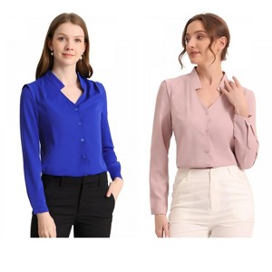 INSPIRE CHIC Women's Elegant V Neck Work Office Button Up Shirt 2 Packs - 1 of 4