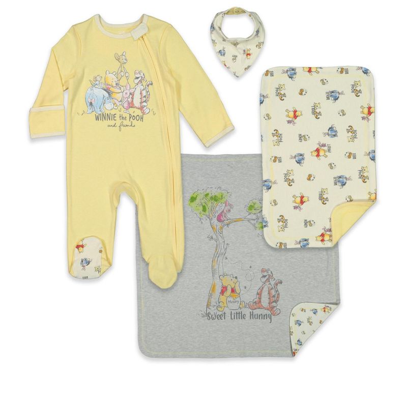 Disney Winnie the Pooh,Lion King,Pixar Monsters Inc.,Princess Baby Sleep N' Play Coverall Bib Blanket and Burp Cloth 4 Piece Outfit Set Newborn , 1 of 9