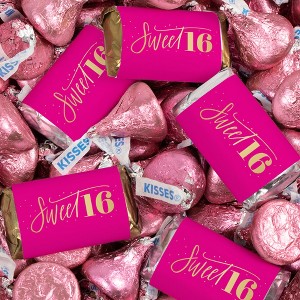 128 Pcs Sweet 16 Birthday Candy Party Favors Hershey's Miniatures & Kisses by Just Candy (1.58 lbs) - Pink & Gold - 1 of 4