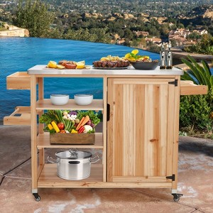 EROMMY Outdoor Kitchen Island - Versatile Solid Wood Movable Patio Table With Stainless Steel Top, Spice Rack, And Towel Holder - 1 of 4