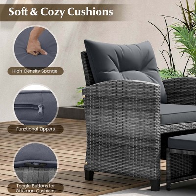 Gray PE Rattan 5-Piece Patio Furniture Set with Cushions and Tempered Glass Table