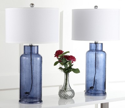 Sapphire Blue Glass Bottle Table Lamp Set with Drum Shades