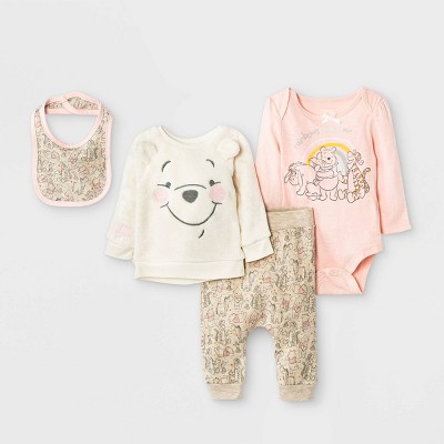 Baby Girls' 4pc Winnie the Pooh Fleece Pullover and Jogger Set - Beige 6-9M
