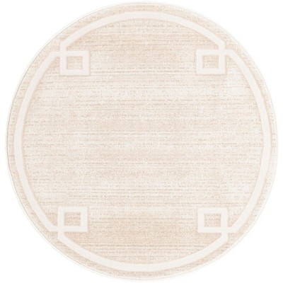 Ivory and Beige Round Geometric Synthetic Rug, 3 ft