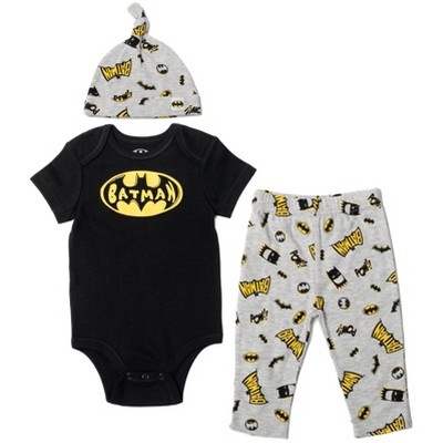 Image of DC Comics Justice League Batman Newborn Baby Boys 3 Piece Outfit Set: Cuddly Bodysuit Pants Hat black / gray 6-9 Months