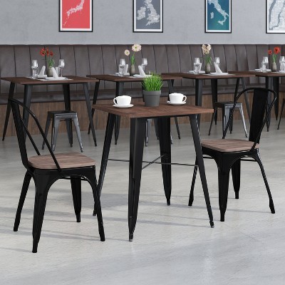 Emma and Oliver 23.5" Square Metal/Wood Table Set - 2 Stack Chairs