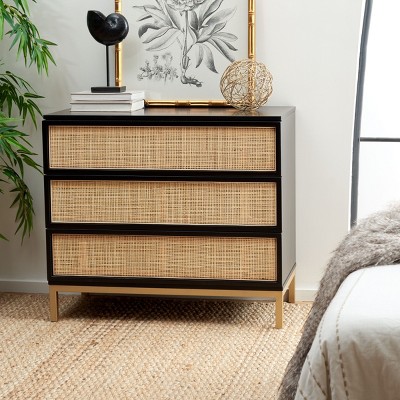 Black and Natural Rattan 3-Drawer Chest with Gold Legs