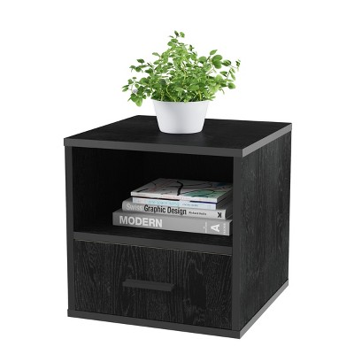 Black Wood and Metal Stackable Cube End Table with Drawer