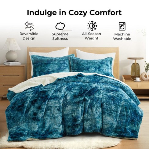 Peace Nest Reversible Faux Fur Shearling Comforter Set Soft Minky Plush and Fuzzy Fleece Microfiber 3PC Comforter Set Peacock Blue King