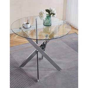 NicBex 35.43" Mid-century Round Dining Table,Kitchen Table with Glass Table Top and Metal Cross Legs for 2-4 Seaters,Silver - 1 of 4